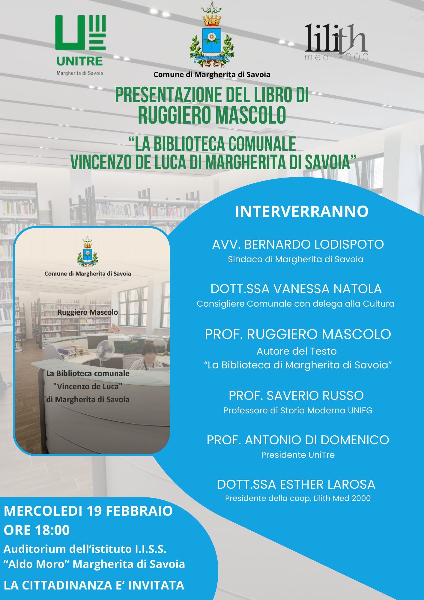 Presentazione del libro LA BIBLIOTECA COMUNALE ‘VINCENZO DE LUCA’ DI MARGHERITA DI SAVOIA di Ruggier
