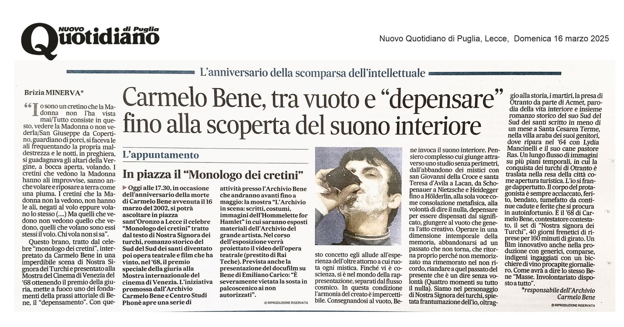 Nella ricorrenza della scomparsa di Carmelo Bene (Roma, 16 marzo 2002)